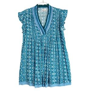 Goa Beachwear by Japna Womens Blue Geometric Fringe V-Neck Mini Dress‎ Medium